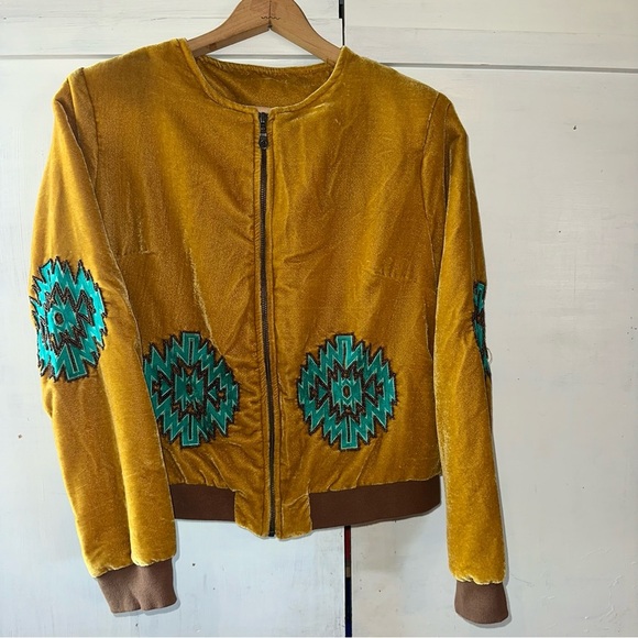 Crazy Train Mustard Velvet Like Bomber Jacket with Bucking Horse & Teal Accents - Picture 4 of 11